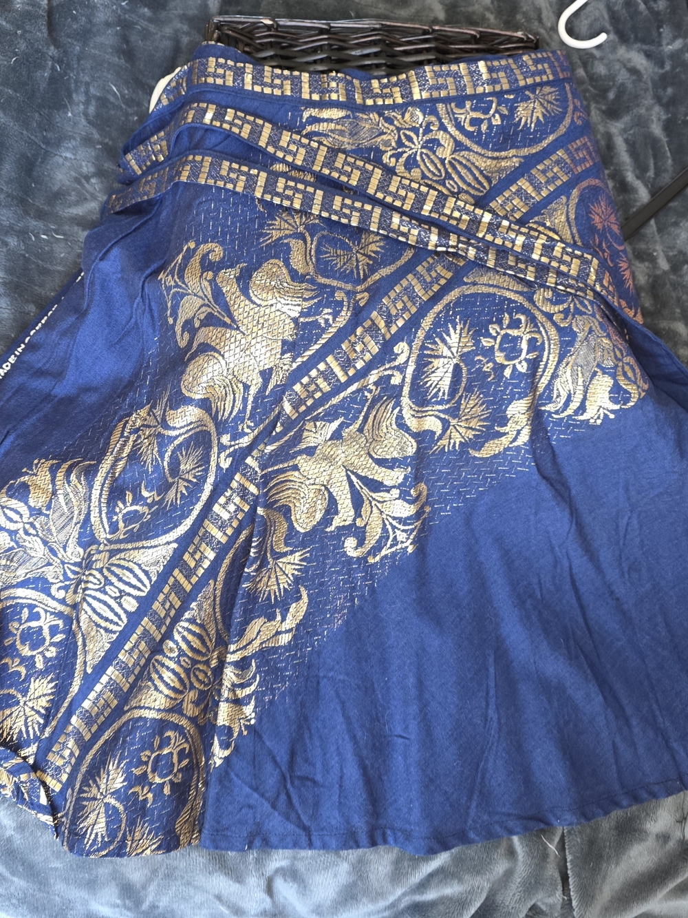 Source Unknown Navy and Gold Floral Wrap Midi Skirt